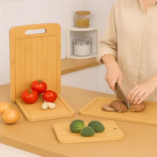Planche à découper bambou femme coupe des légumes