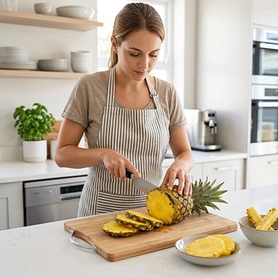 Planche à découper bois femme coupe fruits