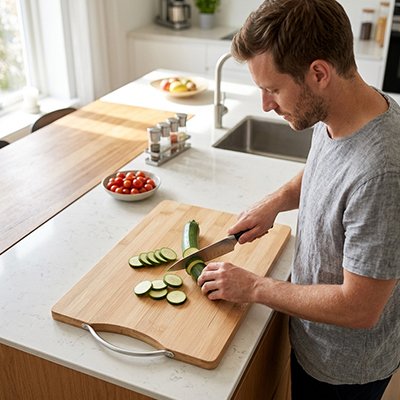 Planche à découper bois homme coupe légumes