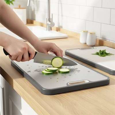 Un jeune homme tranche un concombre sur la planche a découper en titane. 