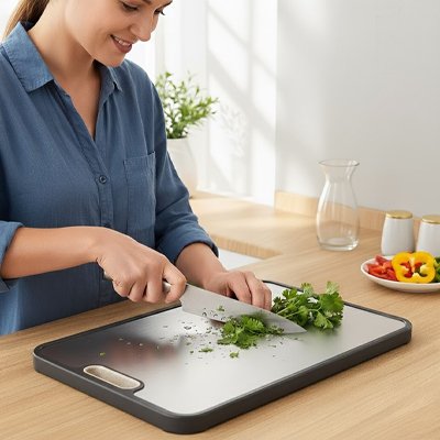 Une femme hache des fines herbes sur une planche a decouper en titane.  
