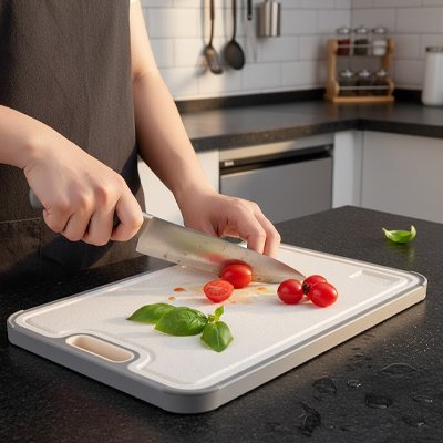 Un homme tranche des tomates avec du basilic sur sa planche a decouper en titane. 